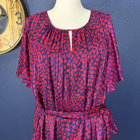 Tahari Red and Blue Polka Dot Metallic Chiffon High/low Dress, Size 24W - Picture 3 of 12
